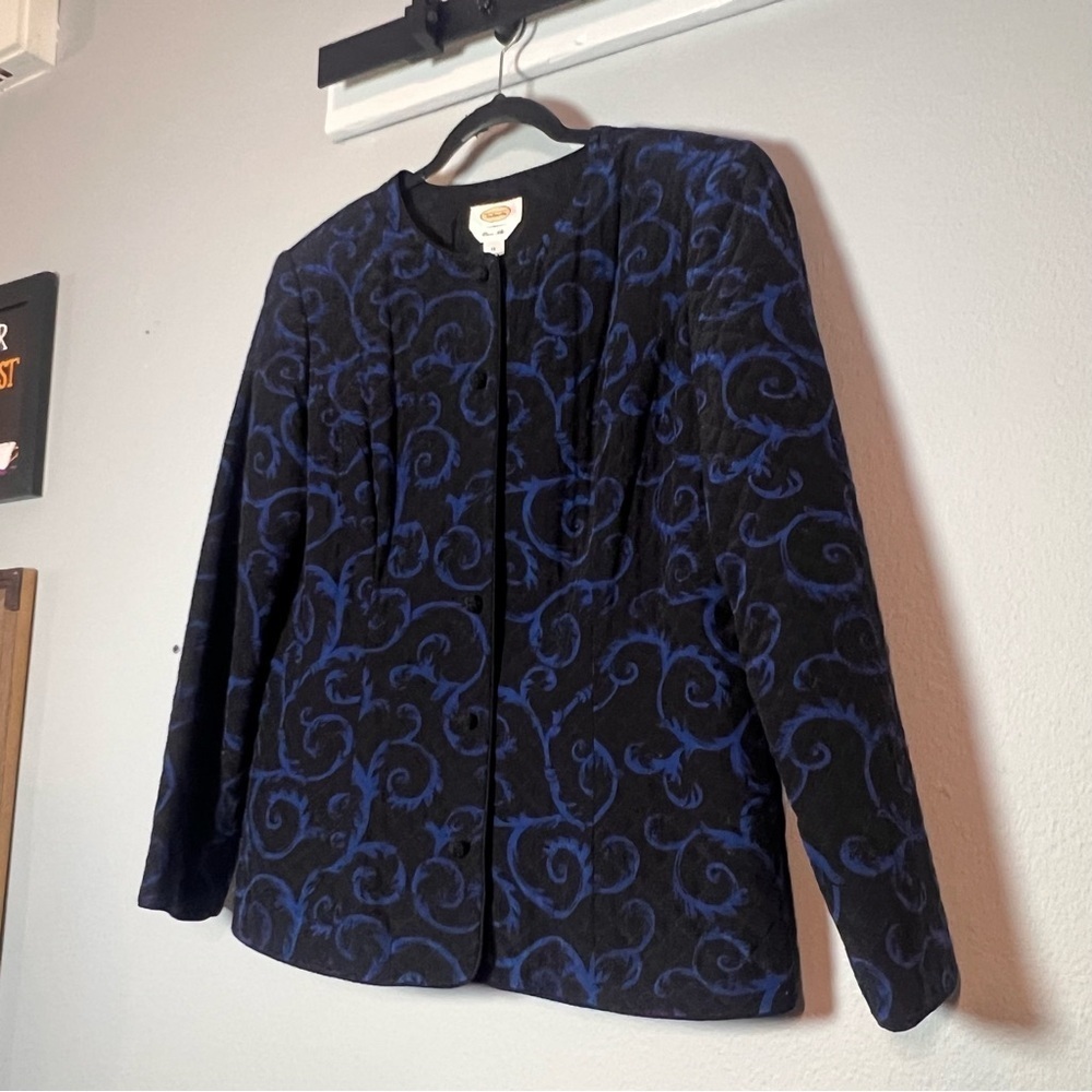 Talbots Quilted Blazer Jacket Button Up Blue Black Silk Swirl Size 14 Flaw